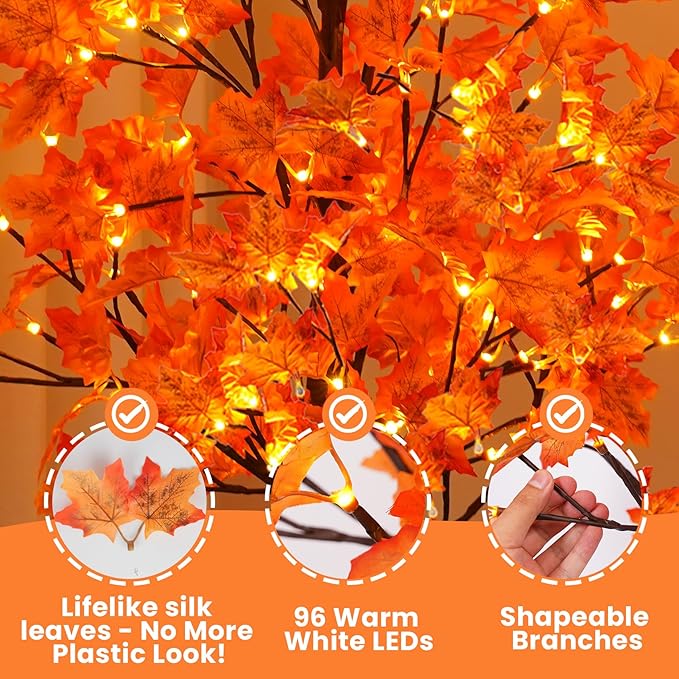5FT Artificial Lighted Maple Tree with 96 LED & 192 Ultra-Dense Maple Leaves - Fall Decorations Maple Tree with Warm White Light for Home Thanksgiving Autumn Harvest Decor Indoor Outdoor