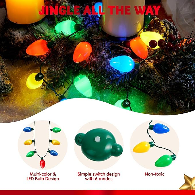 JOYIN 1 Pack Christmas Necklace LED Light Up Necklace 9 Bulbs 6 Modes LED Holiday Costume Accessories for Christmas Xmas Party Favor Party Supply
