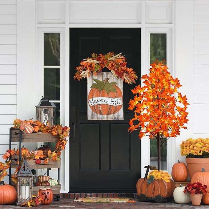 5FT Artificial Lighted Maple Tree with 96 LED & 192 Ultra-Dense Maple Leaves - Fall Decorations Maple Tree with Warm White Light for Home Thanksgiving Autumn Harvest Decor Indoor Outdoor