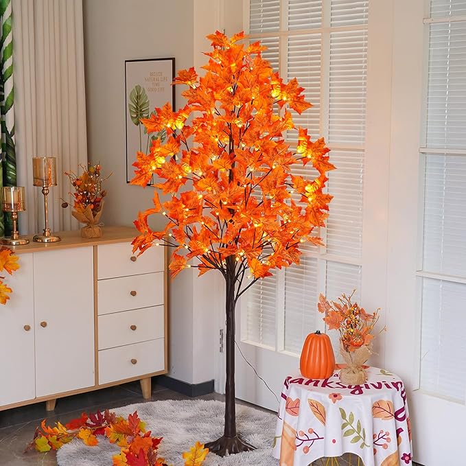 5FT Artificial Lighted Maple Tree with 96 LED & 192 Ultra-Dense Maple Leaves - Fall Decorations Maple Tree with Warm White Light for Home Thanksgiving Autumn Harvest Decor Indoor Outdoor
