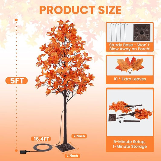 5FT Artificial Lighted Maple Tree with 96 LED & 192 Ultra-Dense Maple Leaves - Fall Decorations Maple Tree with Warm White Light for Home Thanksgiving Autumn Harvest Decor Indoor Outdoor