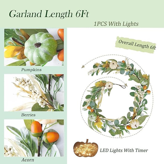 Fall Decorations for Home 6Ft Fall Garland with Lights, Autumn Fake Pumpkin Berry Maple Leaves Garland for Mantle Halloween Harvest Thanksgiving Fireplace Party, Fall Decor Outdoor Indoor Porch Vines