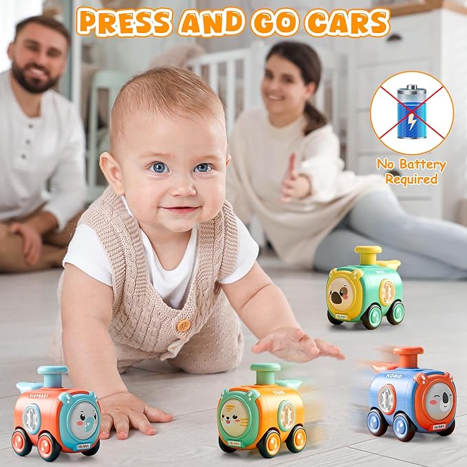 Baby Train Car Toys for Toddler 1-3, 4PCS Press to Go Push Car, Infant Play Whistle Vehicle Toy Set for 12-18 Months, 1st Birthday Christmas Easter Gifts for 1-2 Years Old Boys