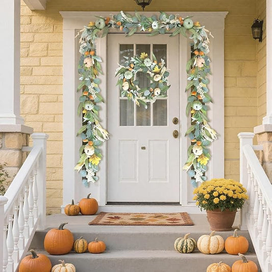 Fall Decorations for Home 6Ft Fall Garland with Lights, Autumn Fake Pumpkin Berry Maple Leaves Garland for Mantle Halloween Harvest Thanksgiving Fireplace Party, Fall Decor Outdoor Indoor Porch Vines